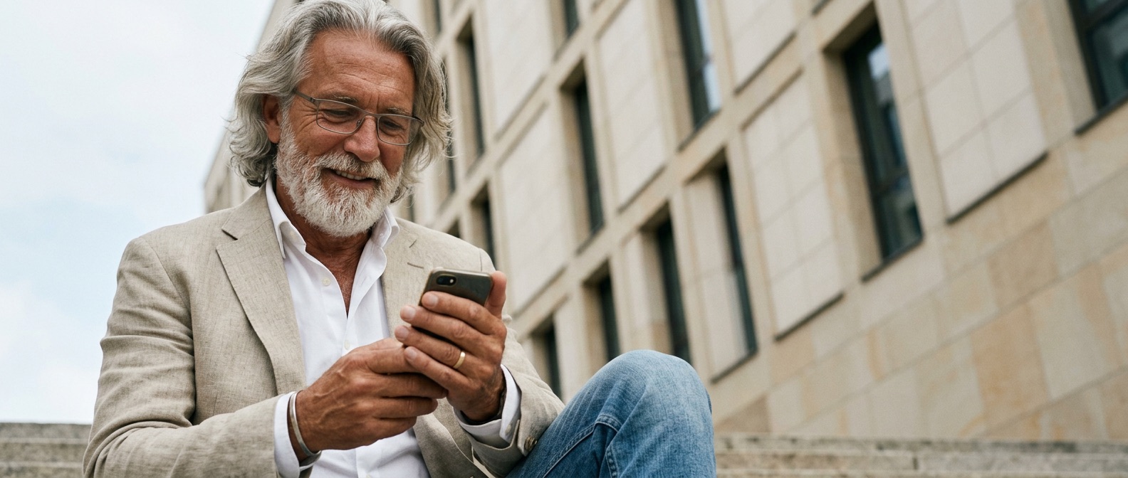 A man sitting outdoors on steps looking at his phone in a public space.