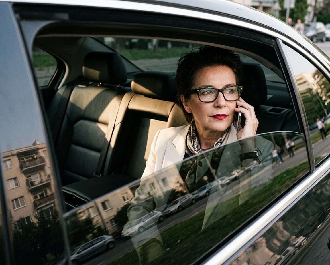 An executive taking a call on a mobile phone in the back of a car.
