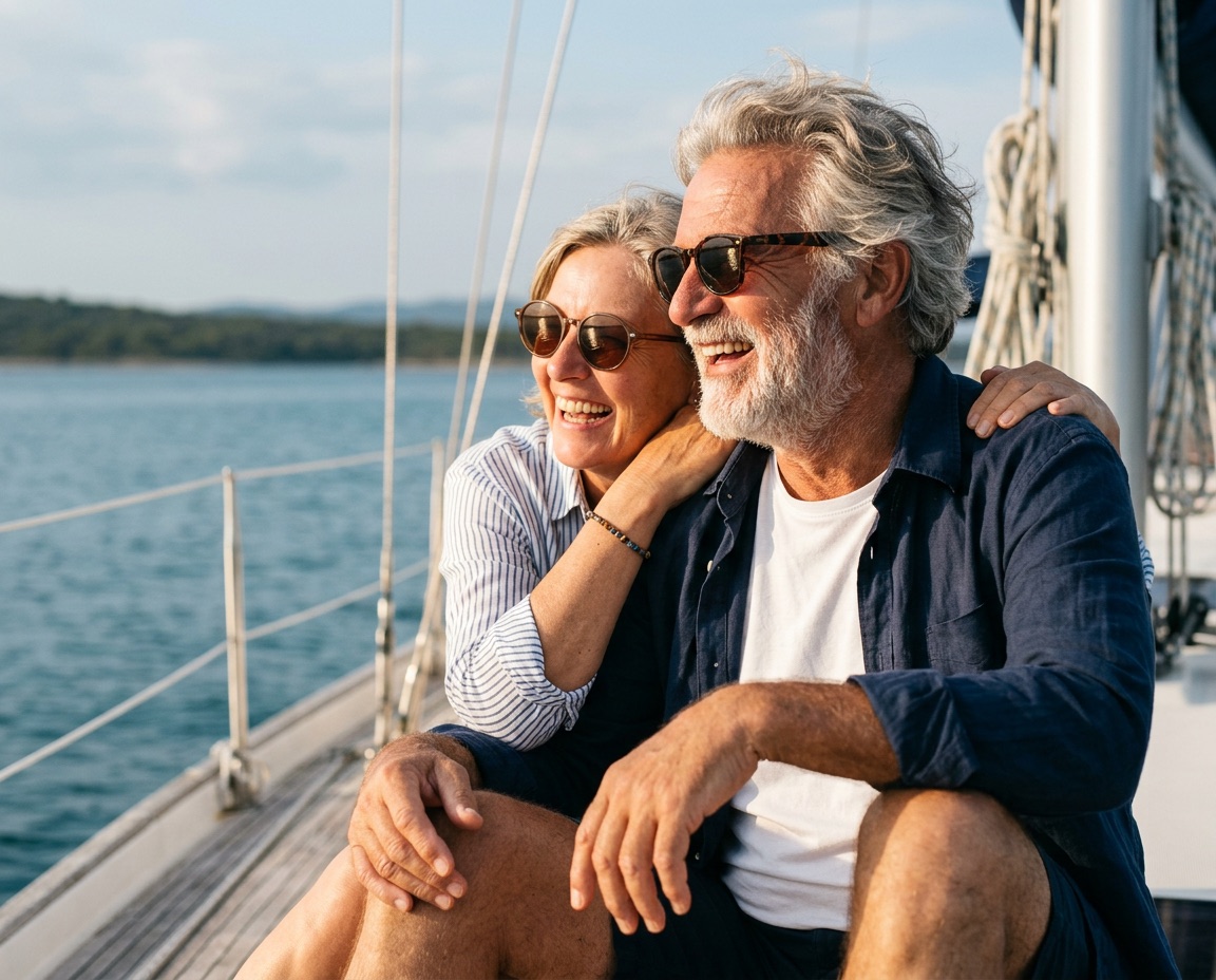 A couple in their sixties sitting together on a sailing boat, smiling and looking out to sea.