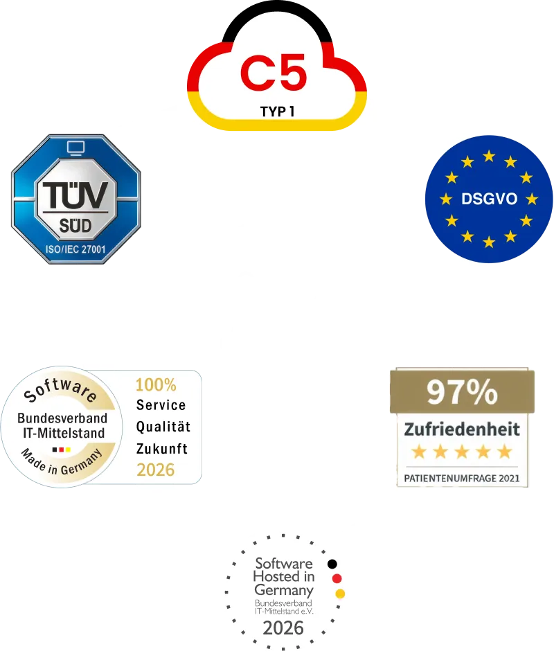VITAS Avatar in Schildrahmen, auf den Außenlinien die Logos für ISO-27001, DSGVO Konformität BTMI und 97% Kundenzufriedenheit