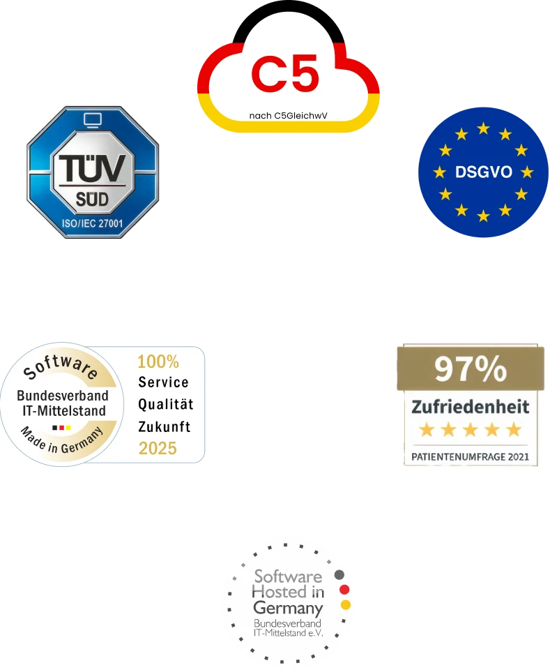 VITAS Avatar in Schildrahmen, auf den Außenlinien die Logos für ISO-27001, DSGVO Konformität BTMI und 97% Kundenzufriedenheit
