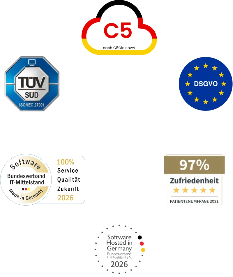VITAS Avatar in Schildrahmen, auf den Außenlinien die Logos für ISO-27001, DSGVO Konformität BTMI und 97% Kundenzufriedenheit