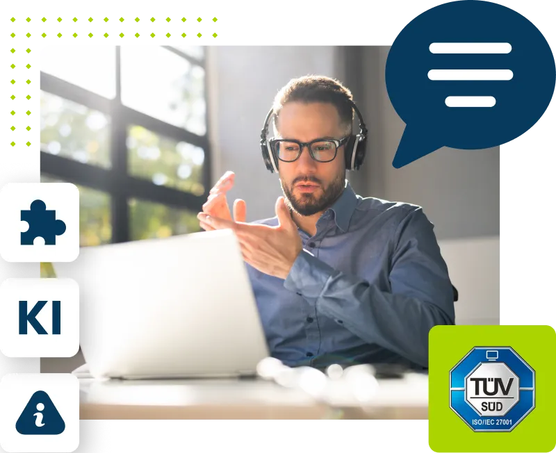 Webinar Illustration. Mann vor Laptop mit Sprechblase über dem Kopf. Kleinere Icons für Informationen zu KI, Informationen und Ergänzungen