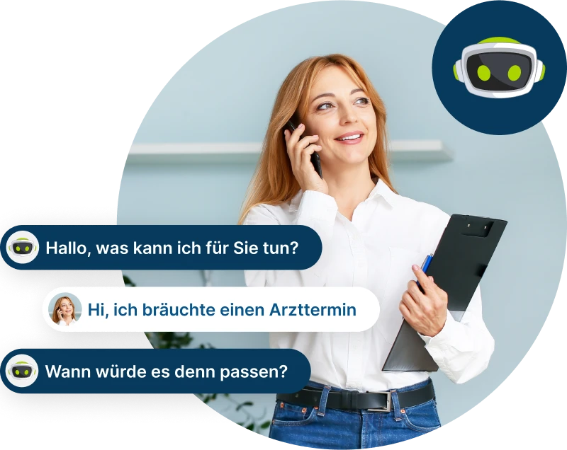 Frau telefoniert mit Assistenten. Auf der linken Seite ein kurzer Gesprächsvelrauf. Rechts oben ein Icon mit dem Kopf des VITAS Avatars