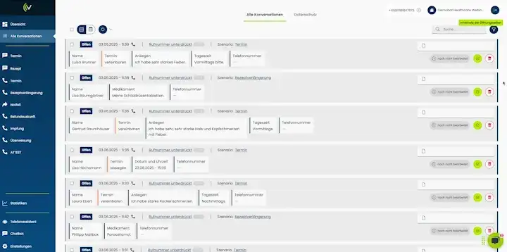 Animation die durch die Anrufliste scrollt und viele verschiedene Anrufe mit Details anzeigt