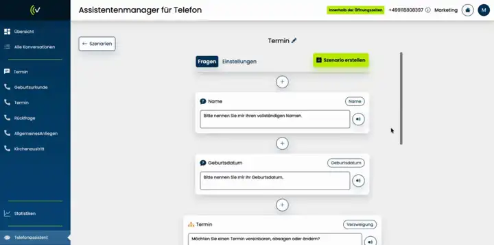 Animation zeigt die Übersicht im Szenariomanager mit mehreren Szenarioelementen