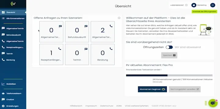 Animation zeigt die Übersicht der Plattform an. Neue Anrufe, Neuigkeiten und Anrufvolumen