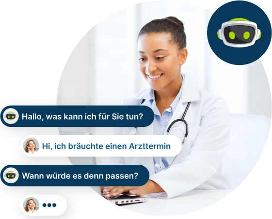 Ärztin telefoniert mit Assistenten. Auf der linken Seite ein kurzer Gesprächsvelrauf. Rechts oben ein Icon mit dem Kopf des VITAS Avatars