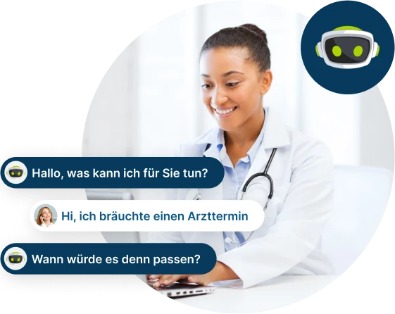 Ärztin telefoniert mit Assistenten. Auf der linken Seite ein kurzer Gesprächsvelrauf. Rechts oben ein Icon mit dem Kopf des VITAS Avatars