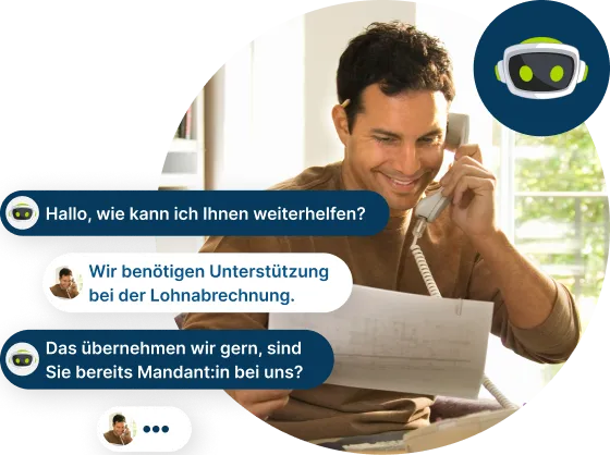 Mandant telefoniert mit Assistenten. Auf der linken Seite ein kurzer Gesprächsvelrauf. Rechts oben ein Icon mit dem Kopf des VITAS Avatars