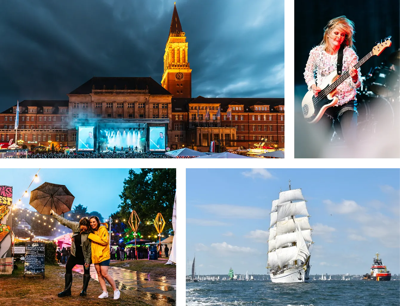 Collage mit einem abendlichen Festival mit beleuchtetem historischen Gebäude, einer Musikerin mit E-Bass, zwei Frauen bei Regen mit Regenschirm auf einem Festival und einem weißen Segelschiff auf offenem Wasser.