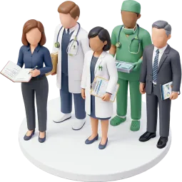 Ein komplettes Klinikteam steht auf einer weißen Plattform