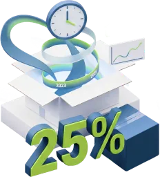 Verschiedene Boxen von denen sich eine Öffnet. Es fliegt eine Uhr, ein Zeitstrahl und ein Graph aus der Box. Darunter wird 25% angezeigt