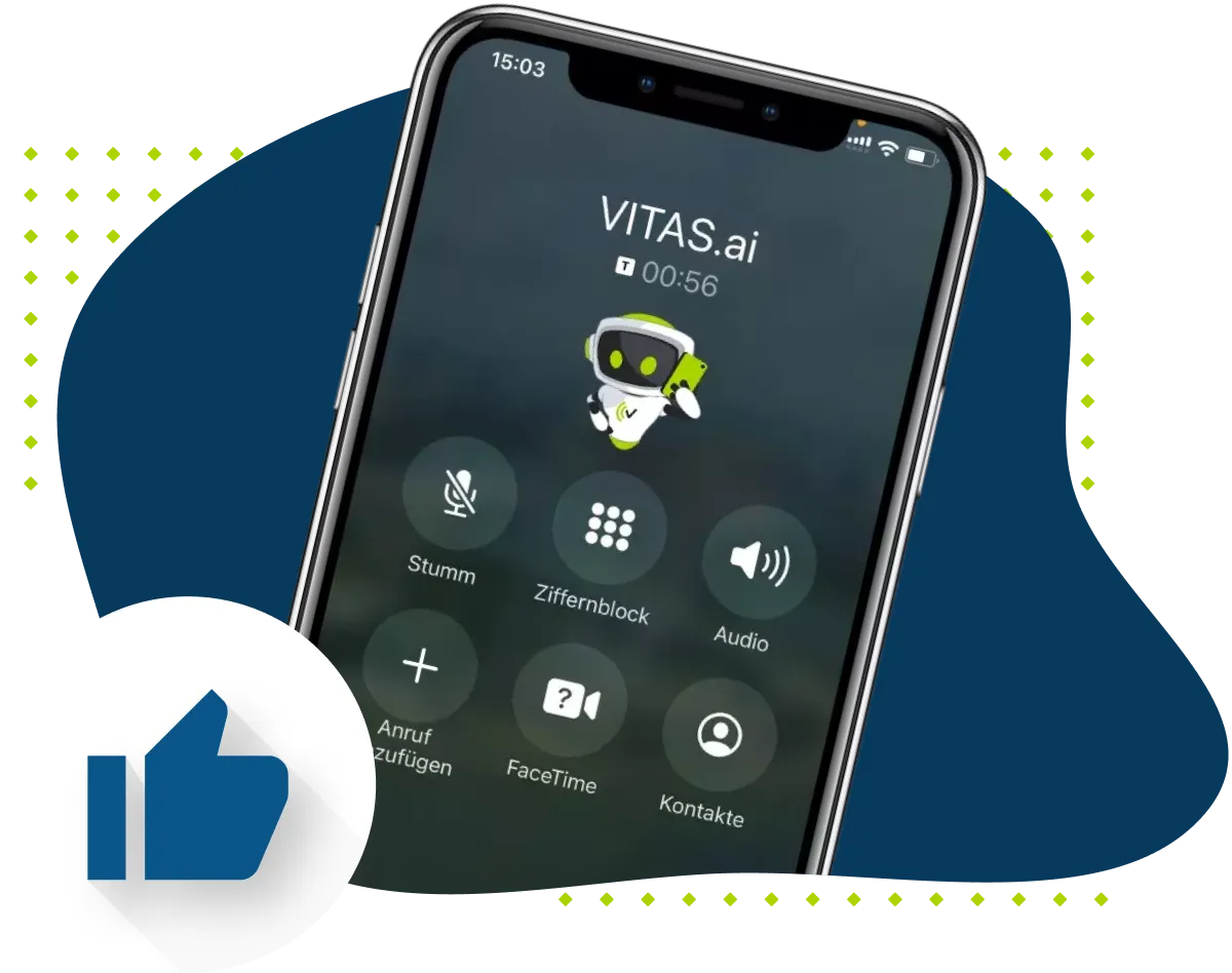 Handy mit VITAS Avatar in blauen Blob. Davor ein Icon mit blauem Daumen nach oben