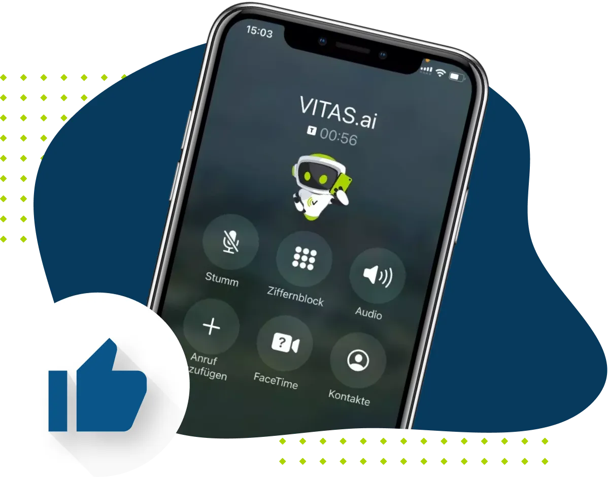 Handy mit VITAS Avatar in blauen Blob. Davor ein Icon mit blauem Daumen nach oben