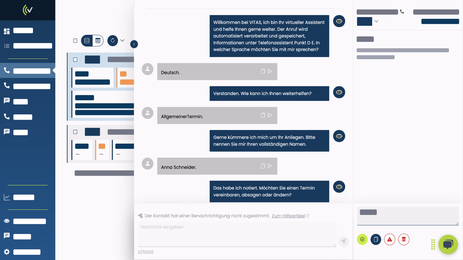 Bilder der VITAS Plattform mit abgebildeten Anruferchat