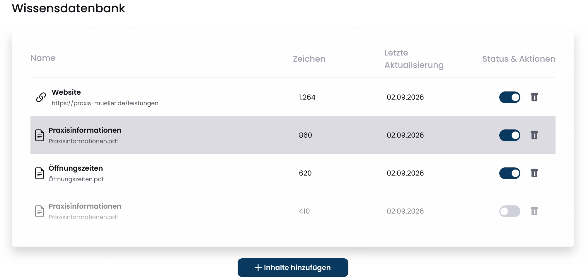 Screenshot der Knowledge Base von VITAS mit Dokumentenupload etc.