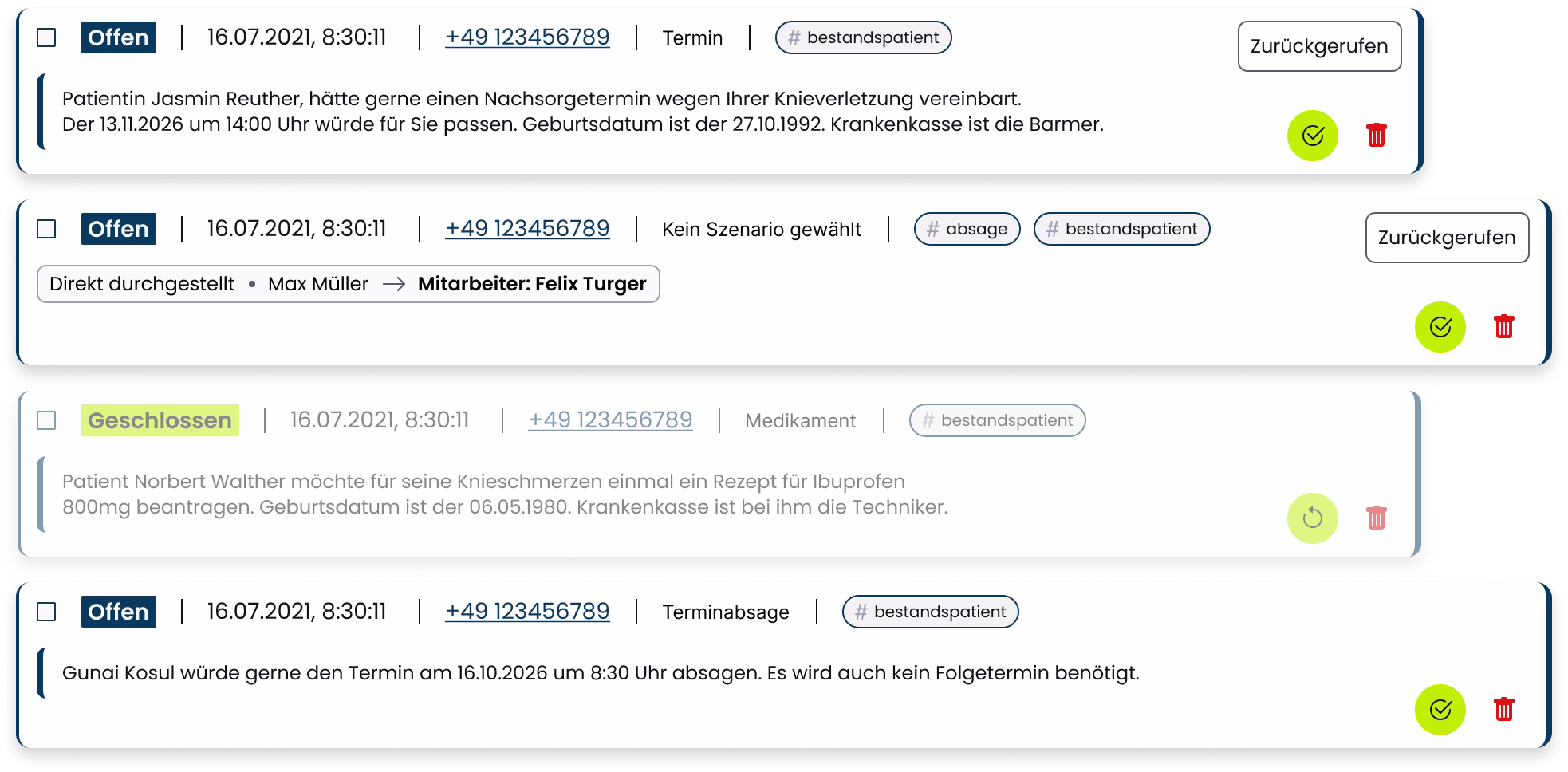 Screenshot mehrerer eingegangener Gespräche