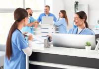 Rezeption im Krankenhaus, mehrere Krankenpfleger anwesend