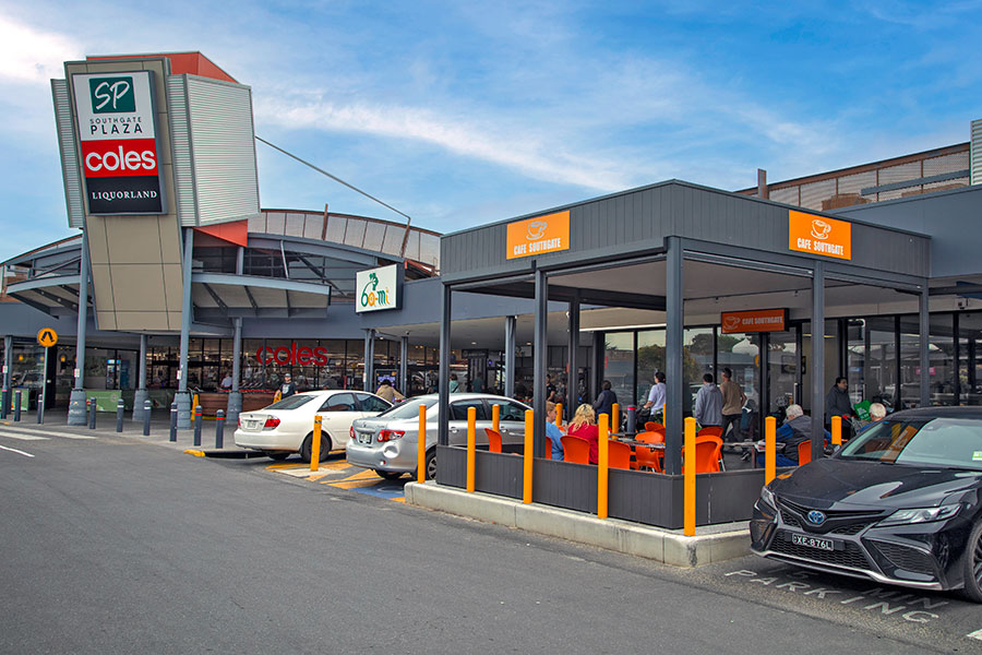 Southgate Plaza exterior -- centre entrance with signage tower