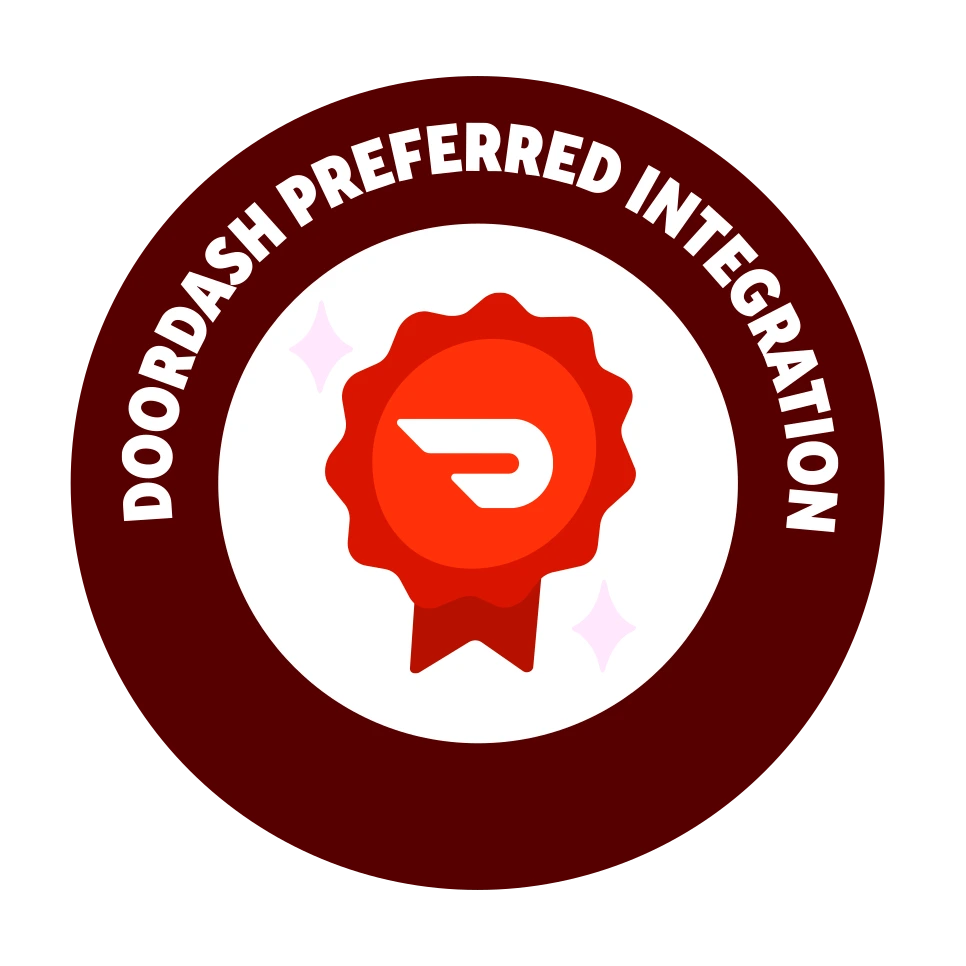 Badge with red ribbon and DoorDash logo in center, surrounded by text reading 'DoorDash Preferred Integration'.