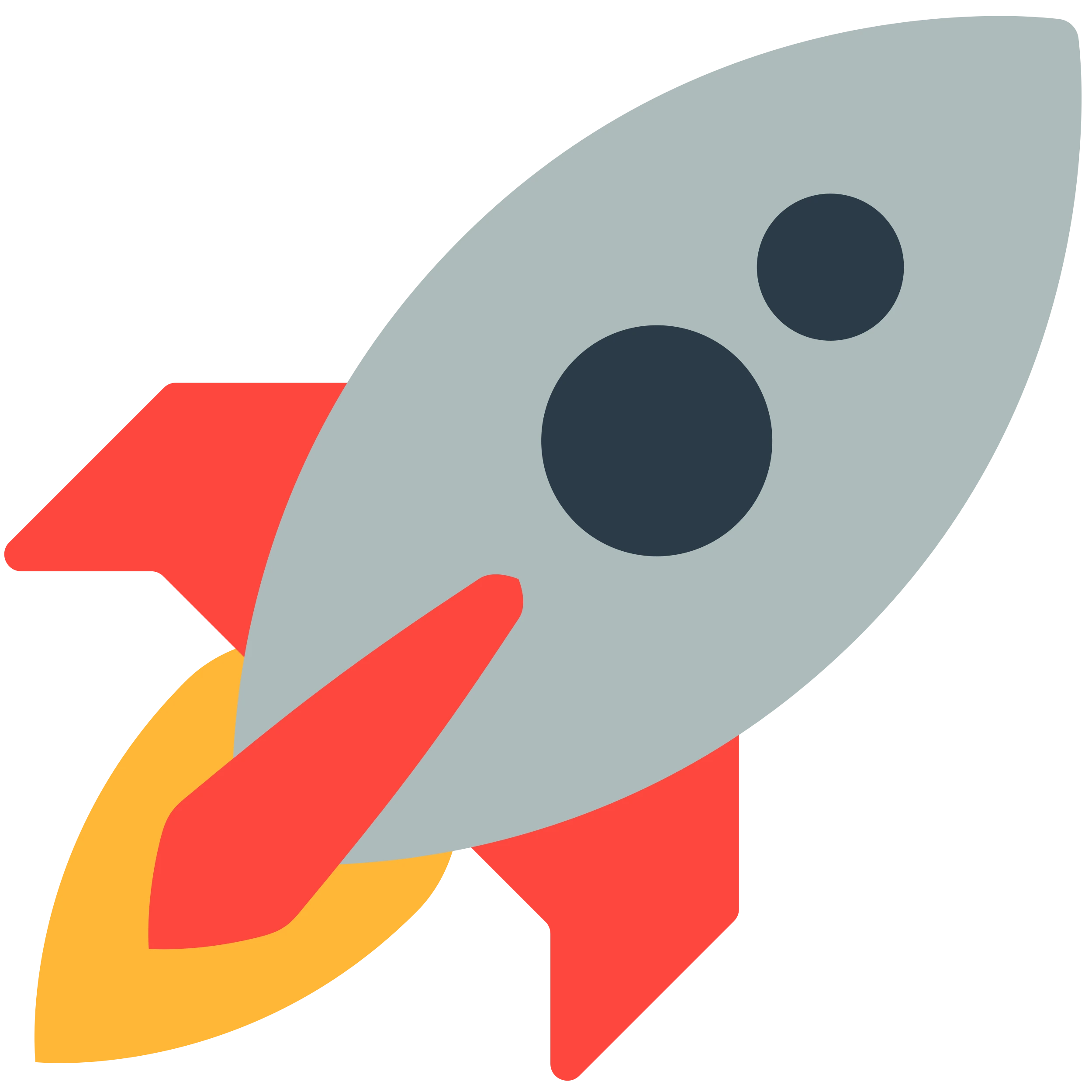 Gray rocket ship with red fins and yellow flame launching.