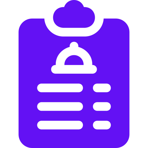 Purple clipboard icon with a food cloche symbol and three horizontal lines representing a menu list.
