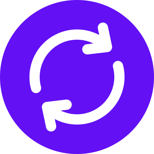Black circular arrows forming a sync icon on a purple circular background.