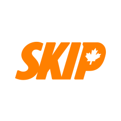 The word 'SKIP' in bold orange letters with a white maple leaf inside the letter 'P'.