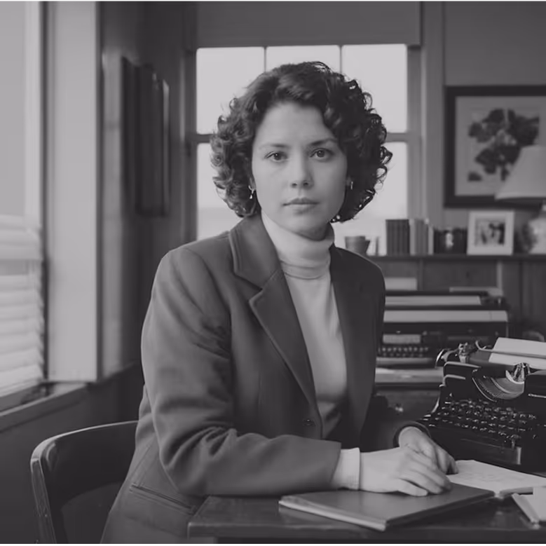 Black and white picture of 80s female office worker