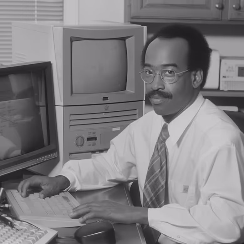 Black and white picture of 80s male office worker