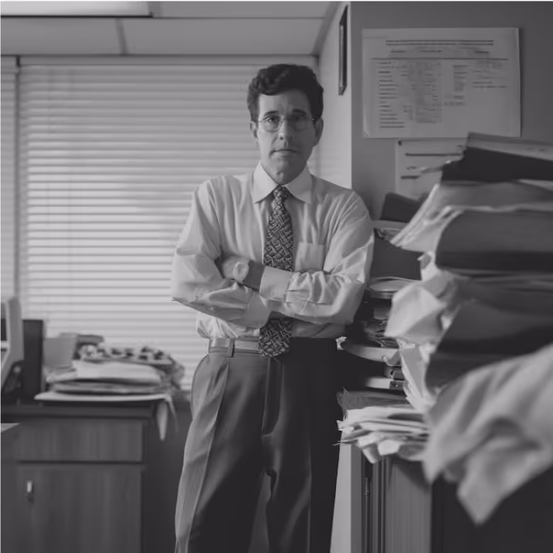 Black and white picture of 80s male office worker