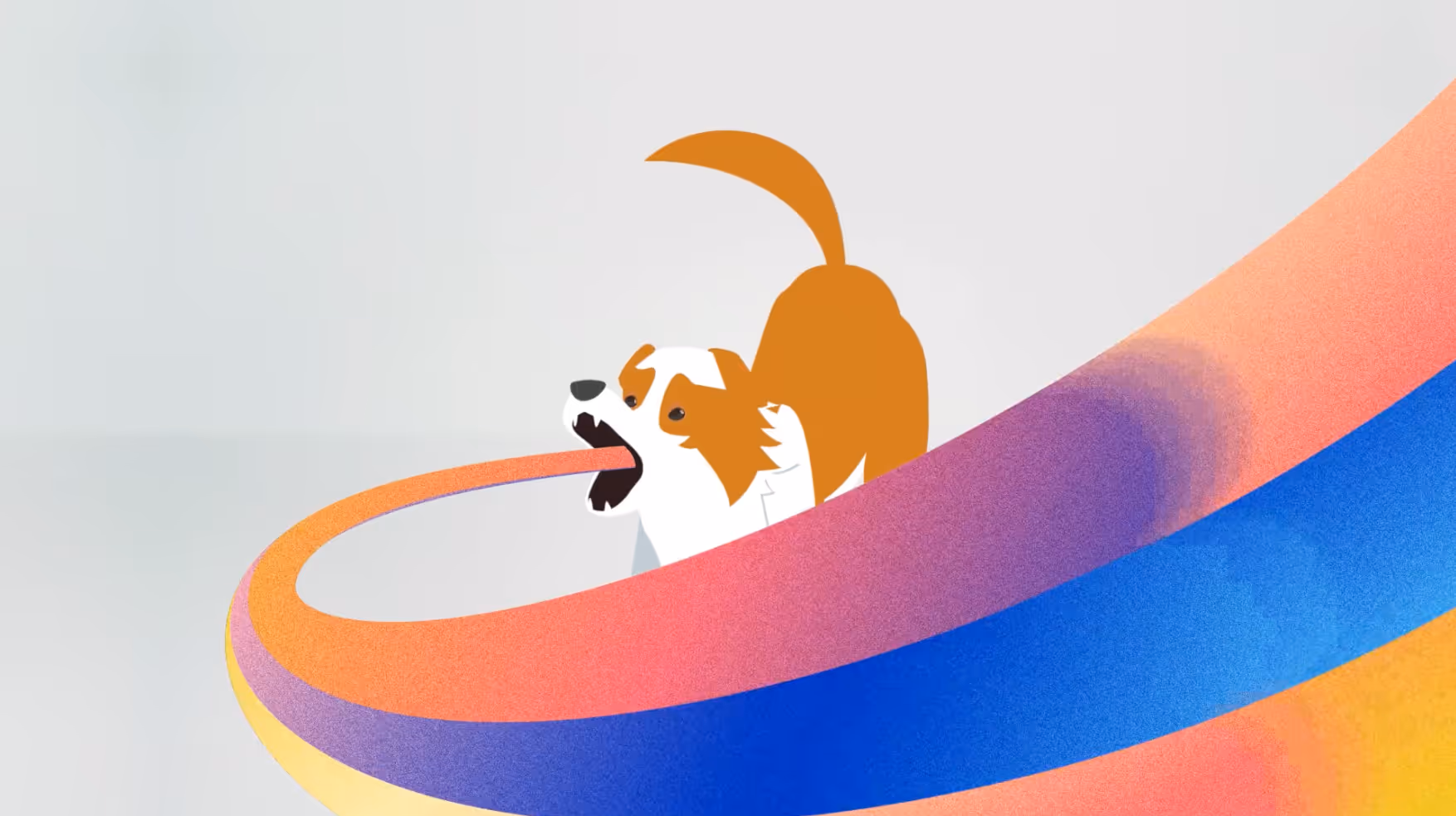 Animatie van een bruin-witte hond die een kleurrijke, golvende lintvorm met zijn mond vasthoudt.