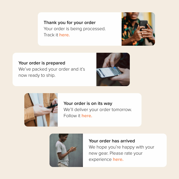 Series of four order update messages with photos of people using smartphones, indicating order processing, preparation, delivery, and arrival stages.