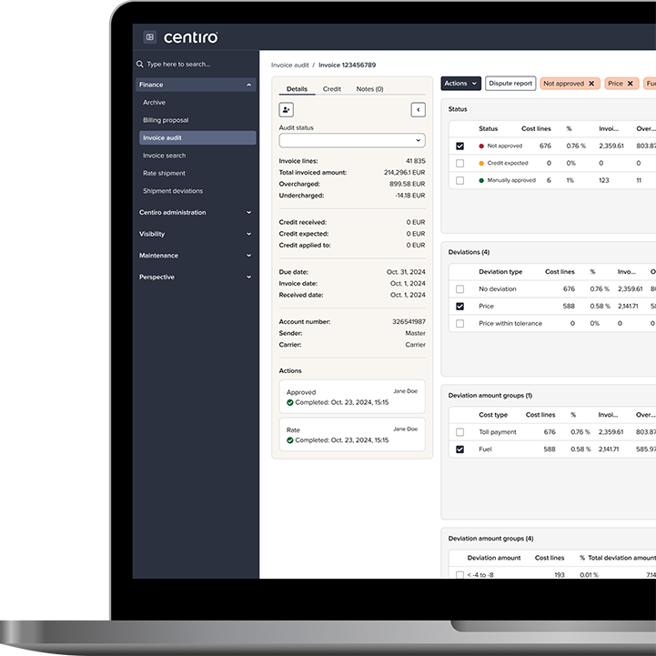 Laptop screen showing Centiro invoice audit interface with invoice details, approval status, cost deviations, and filters.