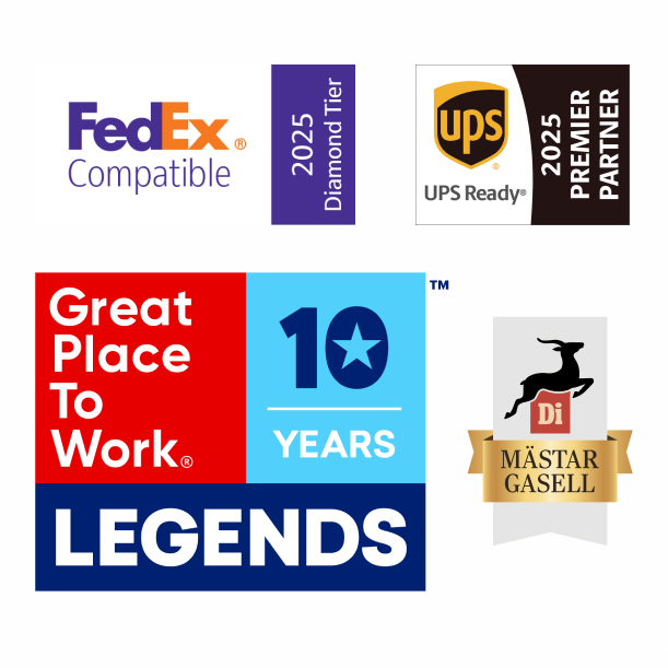 fedex compatible 2025 badge, UPS Ready partner emblem, Great Place to Work Ledgends badge, Di Mästar Gasell badge