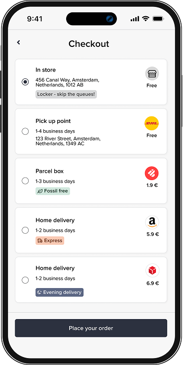 Mobile checkout screen showing delivery options in Amsterdam with radio buttons: In store pickup free, Pick up point by DHL free in 1-4 days, Parcel box forest-free in 1-3 days for 1.9 euros, Home delivery express in 1-2 days for 5.9 euros, and Home delivery evening delivery in 1-2 days for 6.9 euros; place your order button at the bottom.