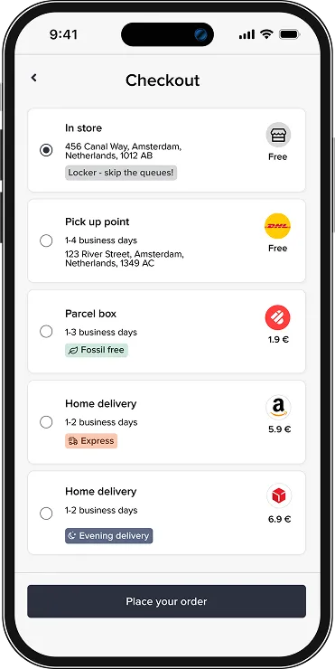 Mobile checkout screen showing delivery options in Amsterdam with radio buttons: In store pickup free, Pick up point by DHL free in 1-4 days, Parcel box forest-free in 1-3 days for 1.9 euros, Home delivery express in 1-2 days for 5.9 euros, and Home delivery evening delivery in 1-2 days for 6.9 euros; place your order button at the bottom.