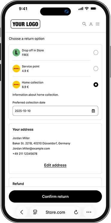 Mobile screen showing a return portal with options: drop off in store for free, service point for 4.9 euros, home collection for 8.9 euros selected with a preferred collection date of 2025-10-10, user address details, and a confirm return button.