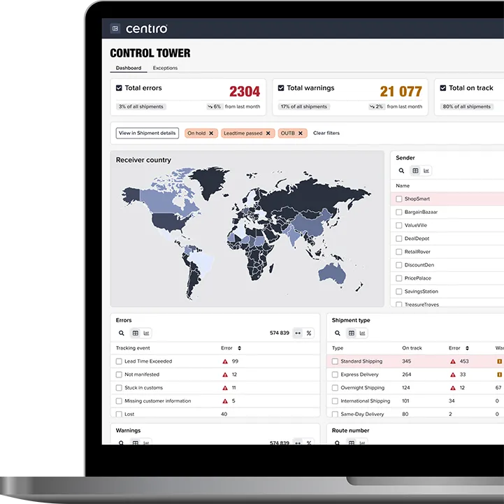 Dashboard screen titled Control Tower showing total errors, warnings, and on track shipments with a world map highlighting receiver countries and tables listing shipment errors and types.