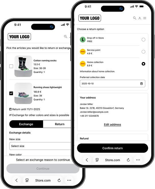 Two mobile screens showing a return and exchange interface for Store.com with item selection and return options.