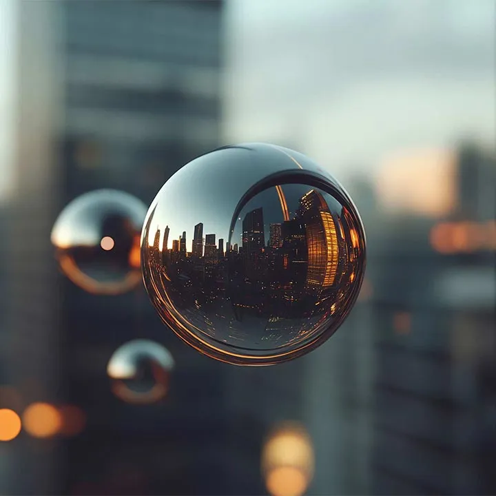 Three reflective spheres floating with a city skyline reflected in the largest sphere at sunset.