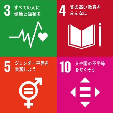 SDGsの目標。3.すべての人に健康と福祉を、4.質の高い教育をみんなに、5.ジェンダー平等を実現しよう、10.人や国の不平等をなくそう
