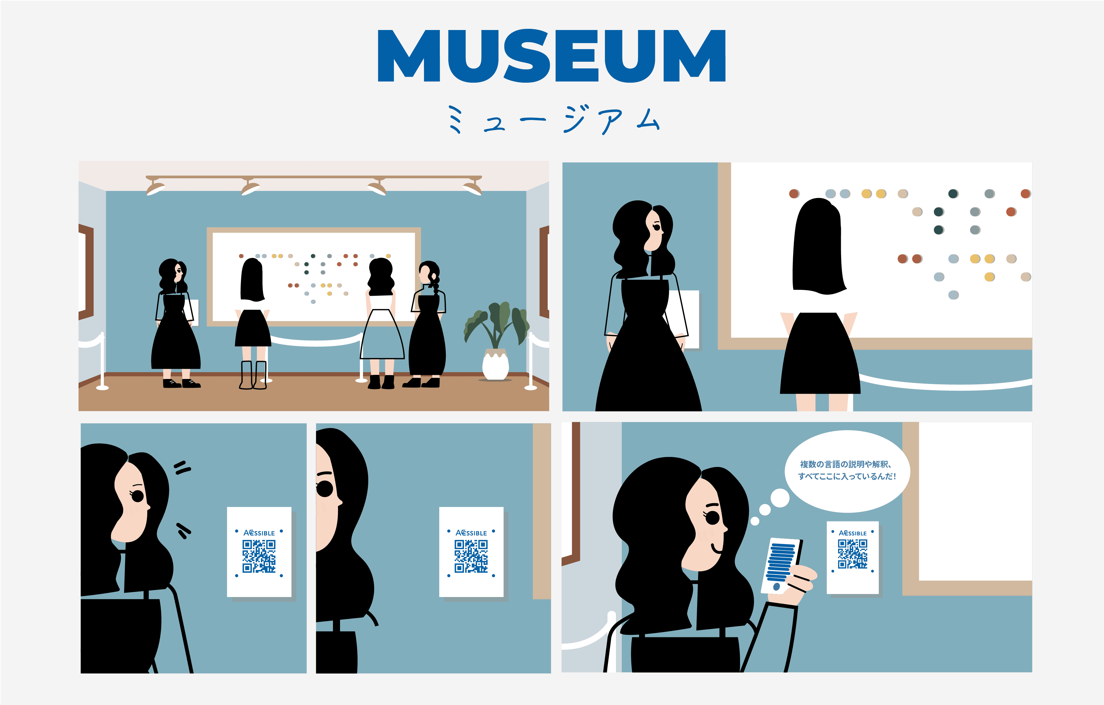 ミュージアムで作品を鑑賞する来館者がアクセシブルコードを通じて音声で解説を聞いている画像