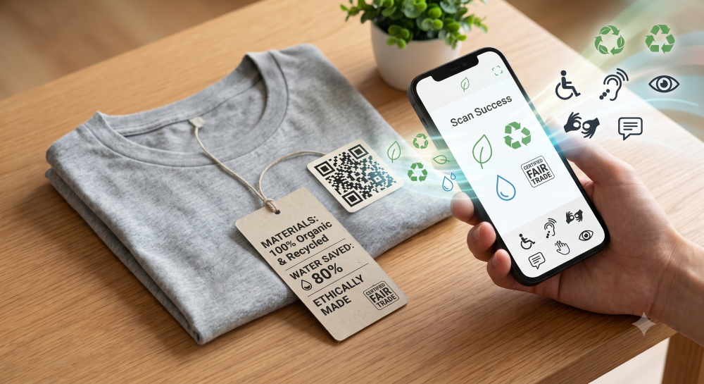 TシャツのタグについたQRコードをスマホで読み取ると様々な情報が取得できるイメージ