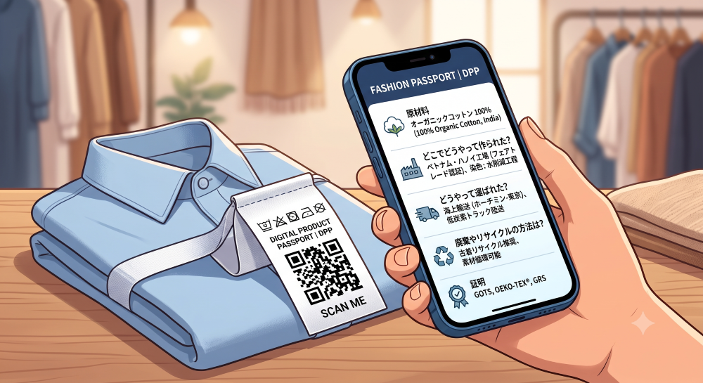 YシャツのタグについたQRコードをスマホで読み取っている様子。日本語で原材料などが表示されている。