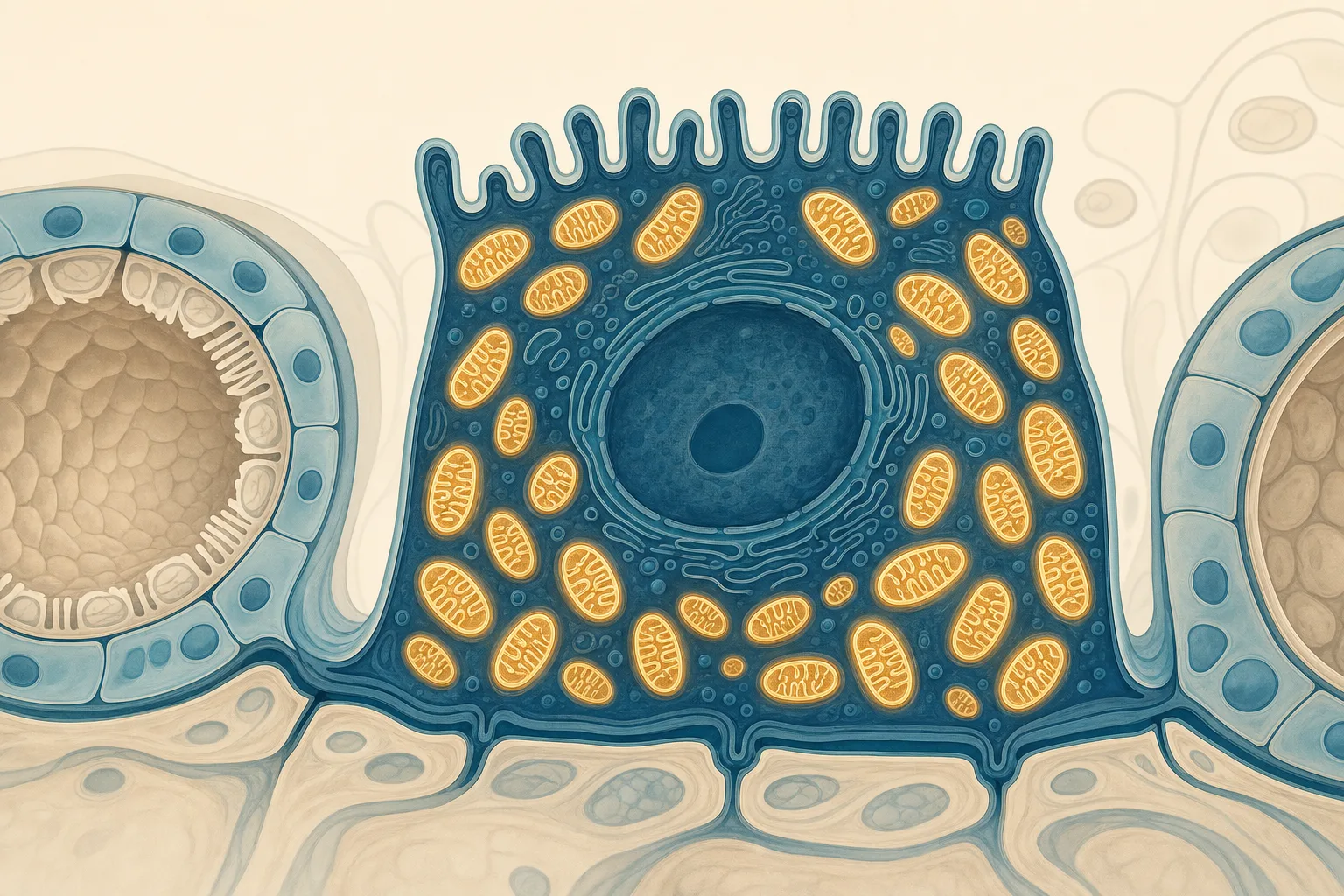 Kidney tubule cell densely packed with mitochondria