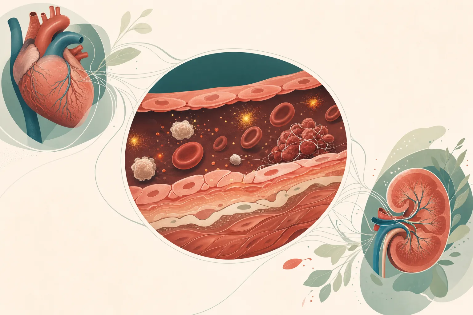 Cross-section of a blood vessel wall showing inflammation, oxidative stress and clotting