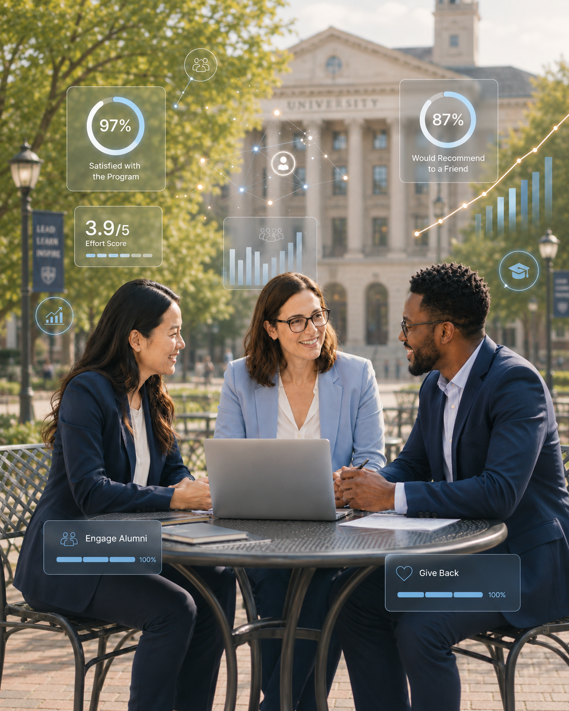 Professionals collaborating in a university setting.