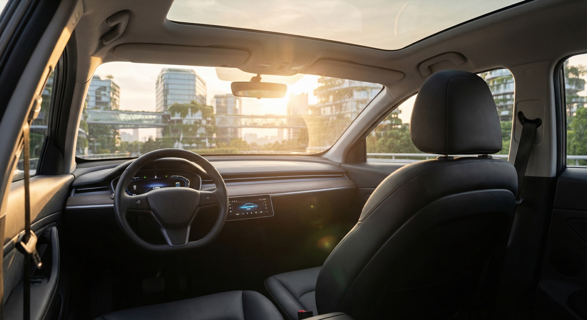 Interior of an autonomous vehicle with no driver looking out at a futuristic smart city